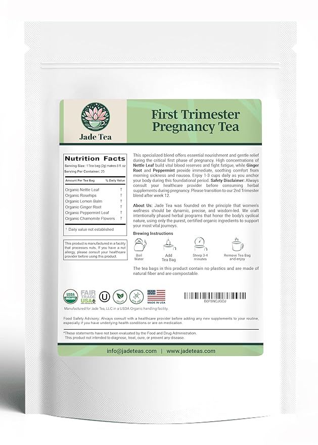 Jade Tea - Organic First Trimester Tea - Nurturing Pregnancy Tea | First Bloom | Gentle Morning Sickness Relief &amp Foundational Prenatal Nutrition | Caffeine-Free | Made In USA