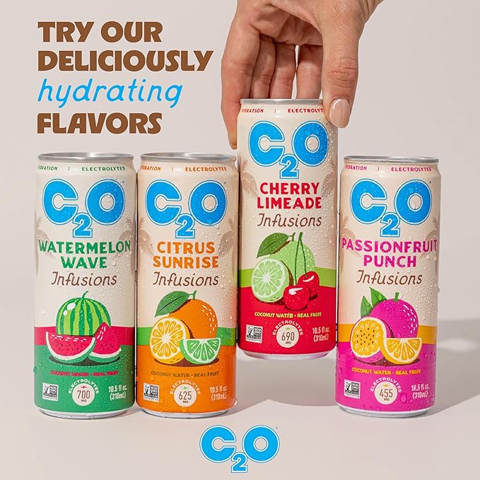 C2O - Coconut Water Infusions - Citrus Sunrise (12 Pack) - 700mg of Electrolytes - Made with Fresh Coconut Water + Real Fruit Juice - Plant Based Natural Hydration Non GMO - 12 Slim Cans 10.5 fl oz