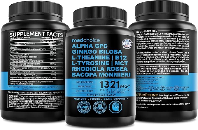 12-in-1 Nootropic Brain Supplement Anhydrous: Ginkgo Biloba for Brain Support Memory and Focus - B12 Alpha GPC L Theanine and Choline Supplements with Bioperine non Caffeinated 1321mg (180ct)