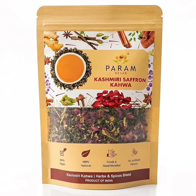 Param Kesar® Organic Kashmiri Kahwa Herbal Tea | Detox &amp Digestive Support | Aromatic 12 Spice Bend | 100g Loose Leaf Tea