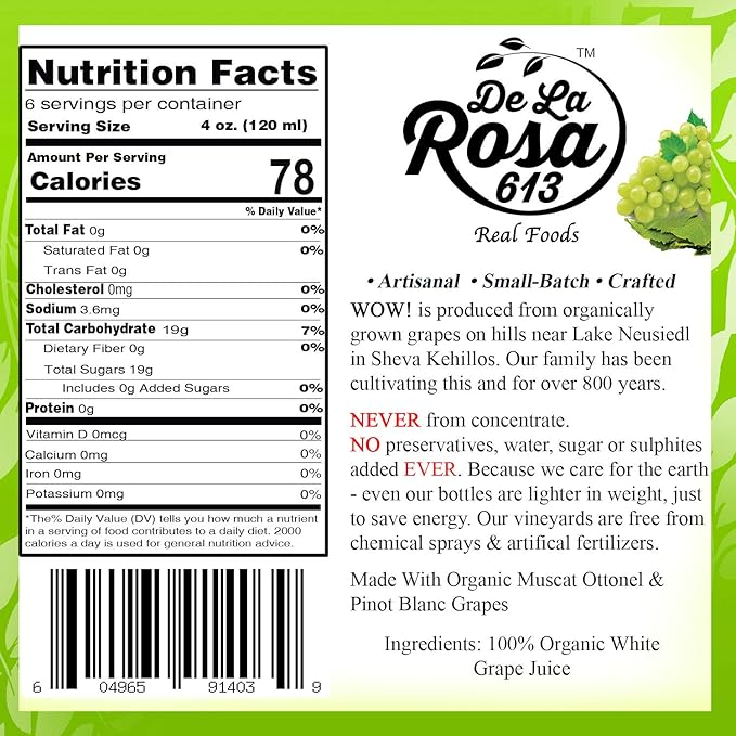 De La Rosa Organic White Grape Juice Kosher Non-GMO &amp Gluten Free Austrian White Grape Juice No Preservatives or Sulfites No Water Added 25.4 Oz Glass Bottle (Pack of 3)