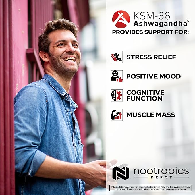 Nootropics Depot KSM-66 Ashwagandha Capsules | 300mg | 180 Count | Withania somnifera Extract | Ayurvedic Herb | Adaptogen Supplement | Stress + Promote Relaxation* | Energy Memory + Focus*