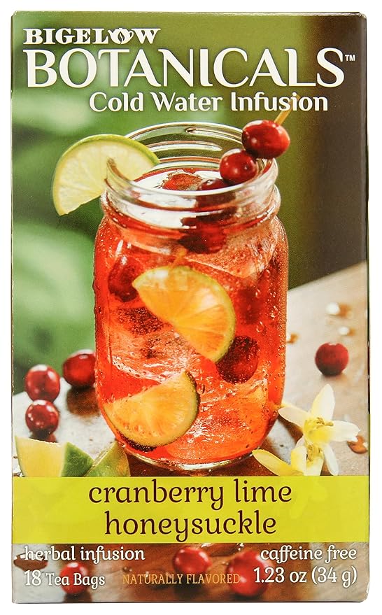 Bigelow Botanicals Cold Water Infusion Cranberry Lime Honeysuckle Tea Bags 18 Count Box (Pack of 1) Herbal Infusion Caffeine Free 18 Tea Bags Total