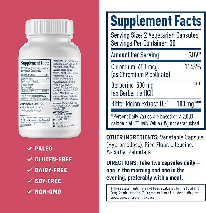 NativePath Native Berberine HCl 3-in-1 Complex with Chromium &amp Bitter Melon Extract - 500mg Premium Metabolic Support - 60 Capsules
