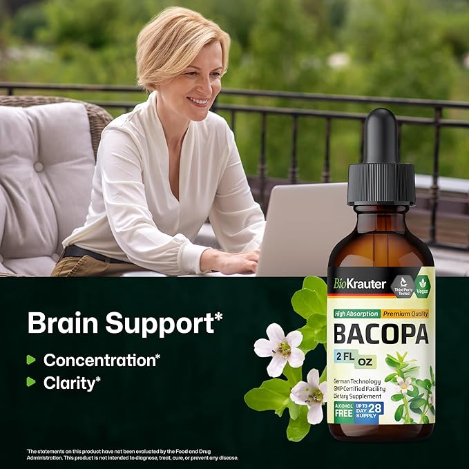 BIO KRAUTER® Bacopa Monnieri - Liquid Drops Bacopa Extract (Brahmi Powder) 650 mg per Serving 2 Fl.Oz 28-Day Supply - Pure Vegan Brain Supplement Supports Calm Focus &amp Memory - Alcohol &amp Sug