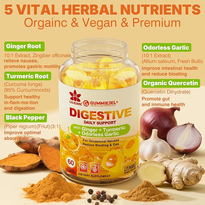 Ginger Chews Gummies for Nausea &amp Digestive Support Stomach Relief - Sugar Free with Turmeric &amp Odorless Garlic Quercetin Vitamin D3 C Delicious Digestive Supplements 60Cts (Pack of 1)