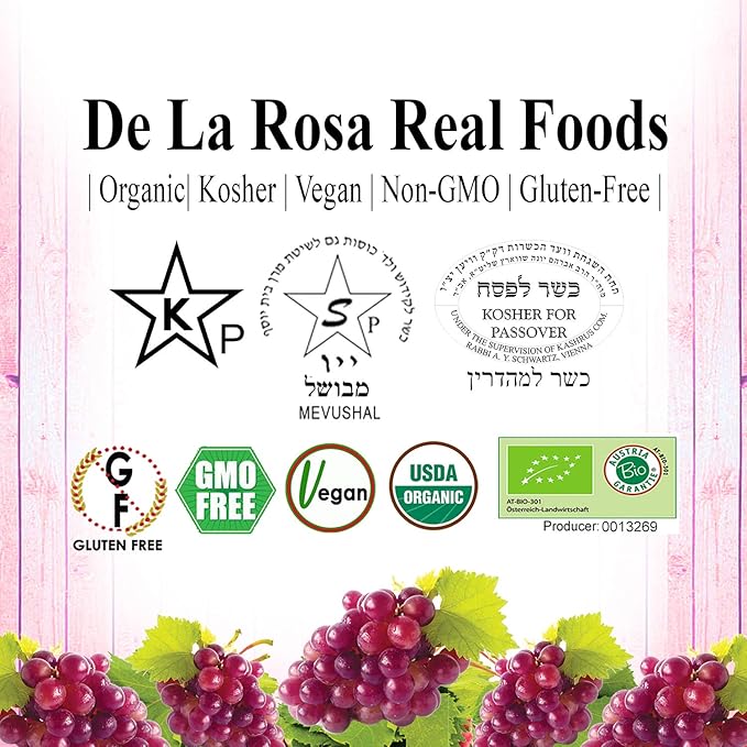 De La Rosa Organic Red Grape Juice Non-GMO Vegan and Gluten-Free Kosher Certified with No Sugar Added No Preservatives or Sulfites Grape Juice 25.4 Oz (Pack of 6)
