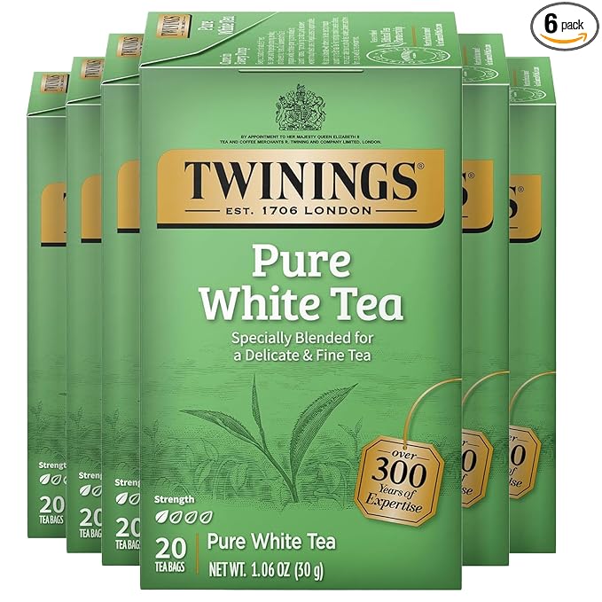 Twinings Pure White Tea Individually Wrapped Bags 20 Count (Pack of 6) Light &amp Fresh Caffeinated Enjoy Hot or Iced 120 Teabags