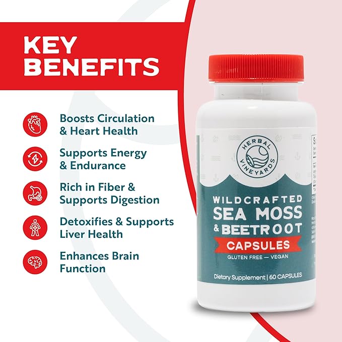 Herbal Vineyards Organic Wildcrafted Sea Moss and Beetroot 60 Capsules | Immune Support Digestive Health &amp Improved Energy | Vegan Friendly | Non-GMO | Ethically Sourced