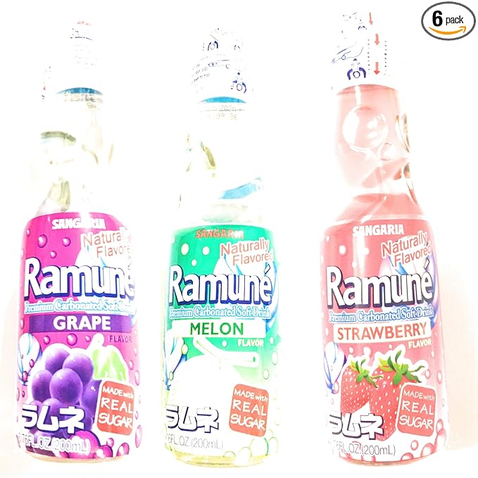 Ramune Carbonated Soda Combo-2 Grape Flavor2 Melon Flavor2 Strawberry Flavor(6.76 Fl Oz Each)