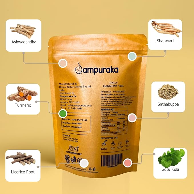 Sampuraka Daily Harmony Tea - Traditional 8-Herb Blend 30 Premium Pyramid Sachets with Ashwagandha &amp Spearmint