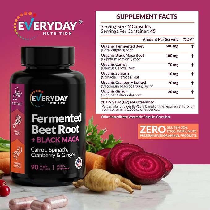 Organic Fermented Beet Root Black Maca Carrot Spinach Cranberry Ginger |Enhanced Overall Health for Women &amp Men | Made in USA | 90 Veggie Capsules