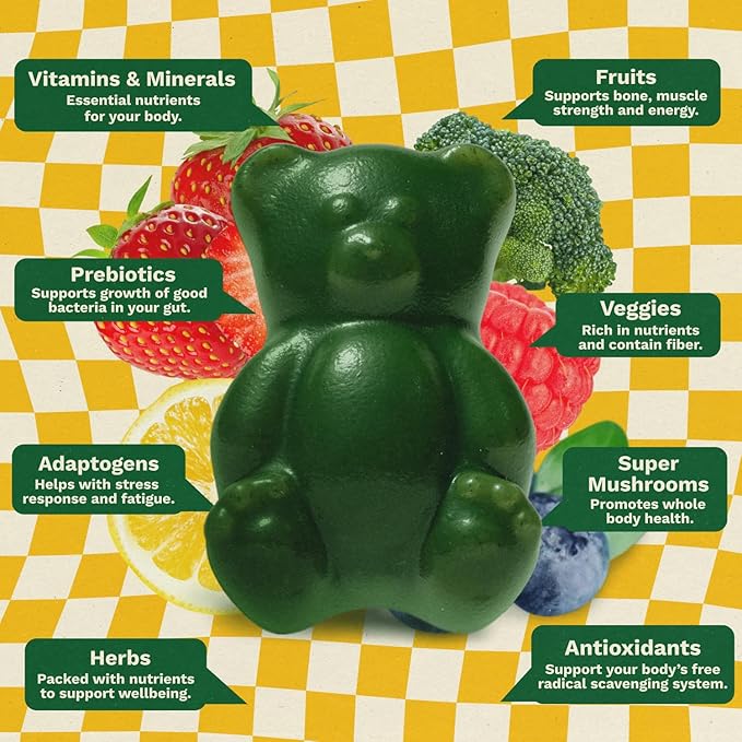 Gruns Multivitamin for Kids Sugar-Free Super Greens Superfood Gummy Bears with 20 Vitamins &amp Minerals Alfalfa Spirulina Chlorella Prebiotics Fiber for Digestive Health Adaptogens 28 ct