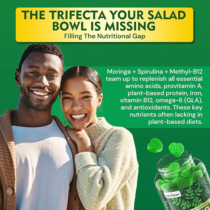 Moringa Gummies 1000mg - Organic Moringa Ashwagandha Spirulina Saffron Natural Astaxanthin 4mg &amp B12 - Nature's Multivitamin for Women &amp Men Energy Gut Skin &amp Mood Support Sugar-Fr