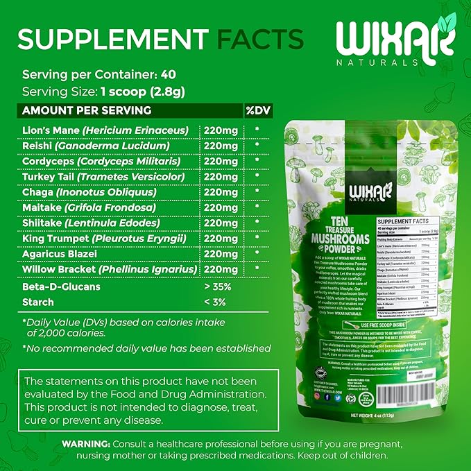 Wixar Mushroom Powder - Ten Treasure Mushrooms Extract Supplement Blend for Coffee &amp Smoothies - Lions Mane Turkey Tail Reishi Chaga Shiitake Cordyceps Complex - 4oz Mushroom Supplement