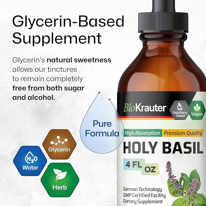 BIO KRAUTER® Holy Basil for Calm &amp Relaxation Support - Vegan Holy Basil Supplement 625 mg per Serving for Mood Support - 4 Fl.Oz. 56-Day Supply Alcohol &amp Sugar Free Herbal Adrenal Supplemen
