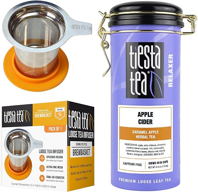 Tiesta Tea - Apple Cider Herbal Tea and Brewbasket Infuser Bundle Caramel Apple Tea Non-Caffeinated 4oz Refillable Tin with 5oz Reusable Stainless Steel Strainer