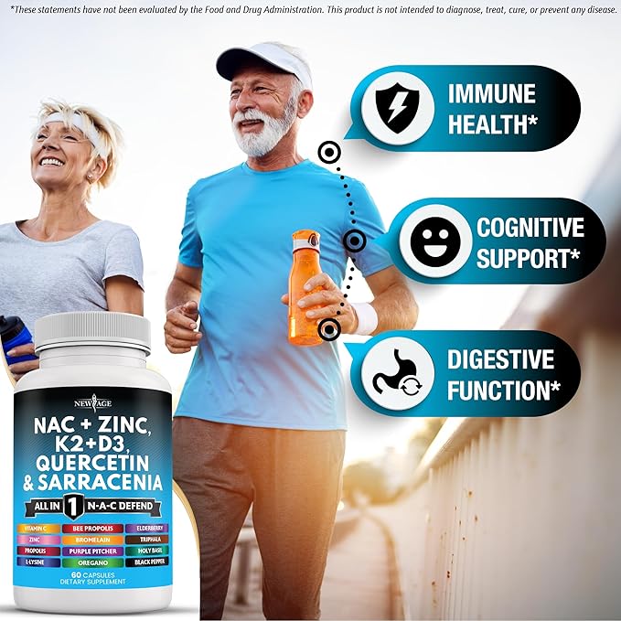 NEW AGE NAC Supplement N-Acetyl Cysteine- with Vitamin D3 K2 Zinc Quercetin Triphala Sarracenia Purpurea Elderberry Holy Basil Bee Propolis Bromelain L-Lysine - 180 Count