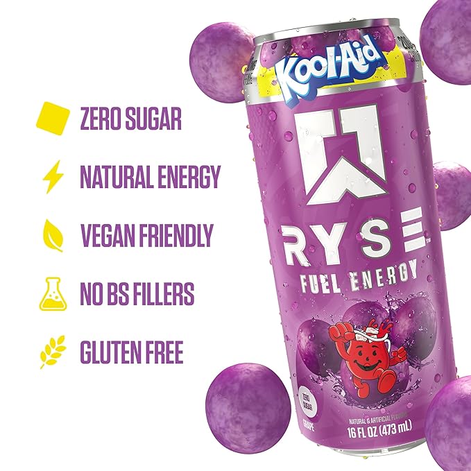 RYSE Fuel Energy Drink - Kool-Aid Grape - Sugar Free Gluten Free &amp Vegan - 200mg Natural Caffeine Taurine &amp Choline for Focus &amp Energy - No Artificial Colors - 16 fl oz Cans (12-Pack)