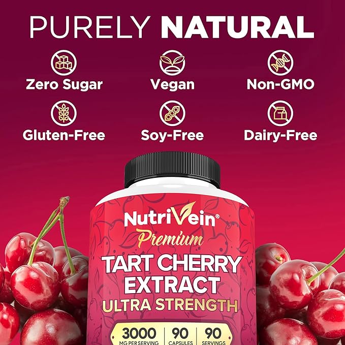 Nutrivein Premium Tart Cherry Capsules 3000mg: Ultra Strength Tart Cherry Extract Supplement for Post-Athletic Recovery Detox Rest &amp Mobility
