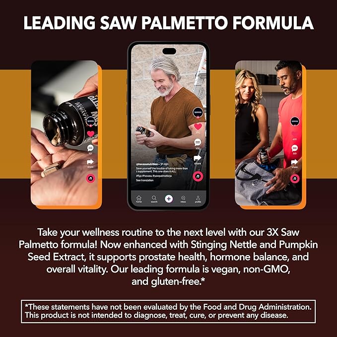 Saw Palmetto Supplement with Stinging Nettle and Pumpkin Seed Extract - Advanced 3X Formula - DHT Blocker Urinary Health and Prostate Support for Mens Health - Vegan Non-GMO Capsules - 2 Month Supply