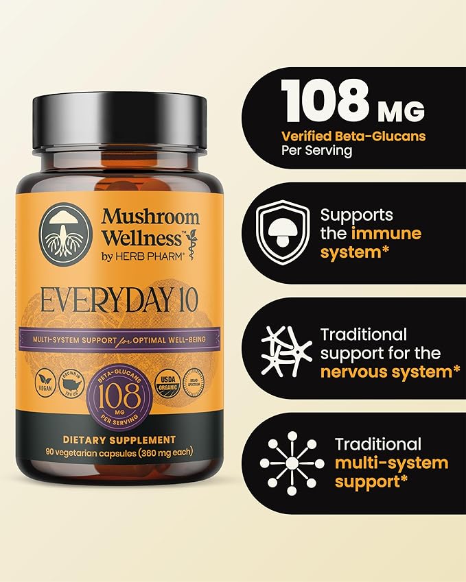 Mushroom Wellness Everyday 10: Organic 10-in-1 Mushroom Capsules with Lion's Mane Shiitake Reishi Turkey Tail &amp More Mushroom Powder Supplement Immune &amp Nervous System Support 90 Vegan C