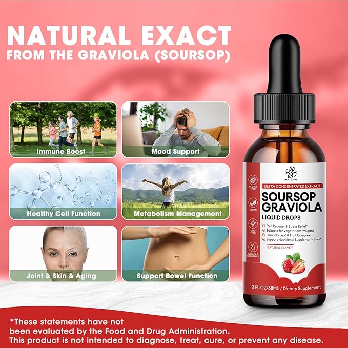 iMATCHME Soursop Graviola Liquid Drop for Cell Support &amp Regeneration Immune System and Gut Health Support Soursop Bitters Liquid Herbal Goodness Sugar/Gluten Free Strawberry Flavor 2 Fl Oz