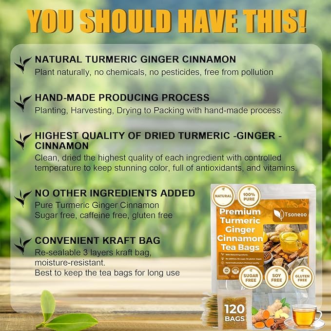 Premium Turmeric Ginger Cinnamon Tea Bags | 100% Natural Hand-made Blend ginger tea | Ginger Turmeric Herbal Tea | No Sugar No Caffeine No Gluten Vegan (120 Bags)