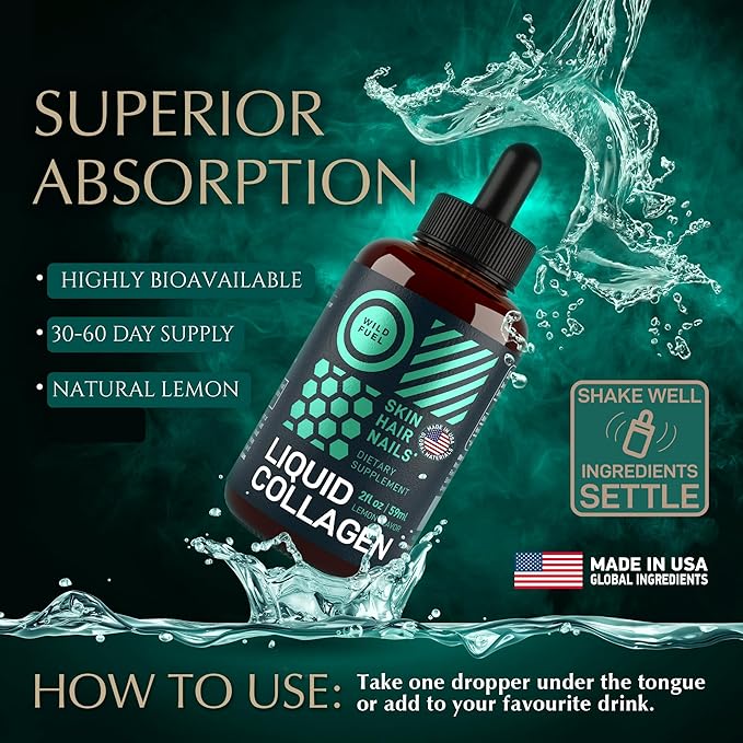 WILD FUEL Liquid Collagen Peptides with Biotin Vitamins for Hair Skin and Nails - 30000mcg Biotin and Collagen Liquid for Women and Men - Lemon Flavor up to 2-Month - 2 oz