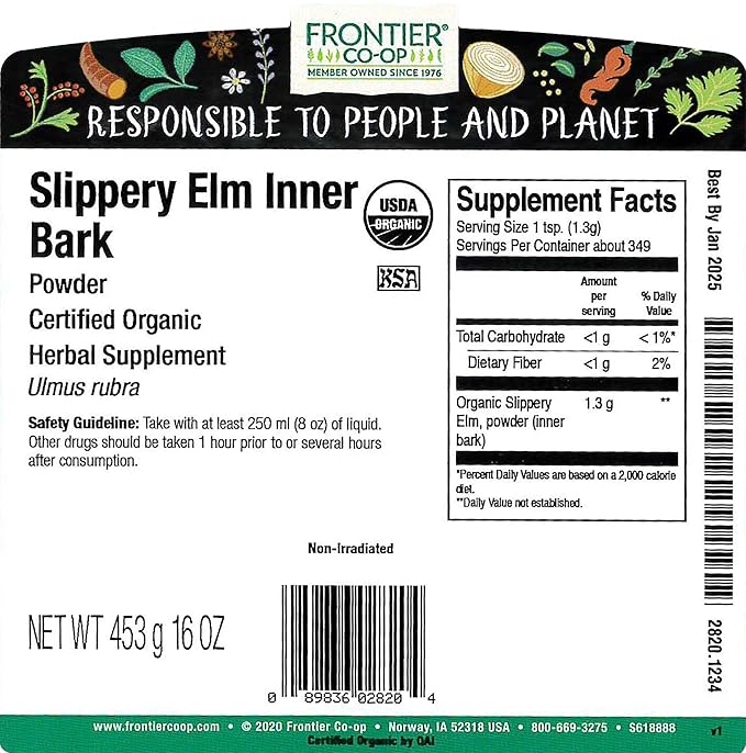 Frontier Herb Bulk Slippery Elm Bark Organic Powder Inner Bark 1 Pound