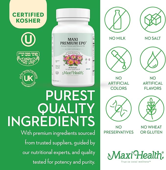 Maxi Health Women's Organic Evening Primrose Oil Capsules 1500mg - EPO Gamma Linolenic Acid Supplement - PMS &amp Hot Flashes Menopause Relief - GLA Hormonal Acne Supplements (90 Count)
