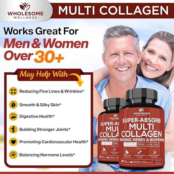 Wholesome Wellness Super-Absorb Multi Collagen Pills (Type I II III V X) Organic Herbs &amp Bioperine - Hair Skin Nails - Hydrolyzed Peptides Protein Supplement for Women &amp Men (90 Capsules)