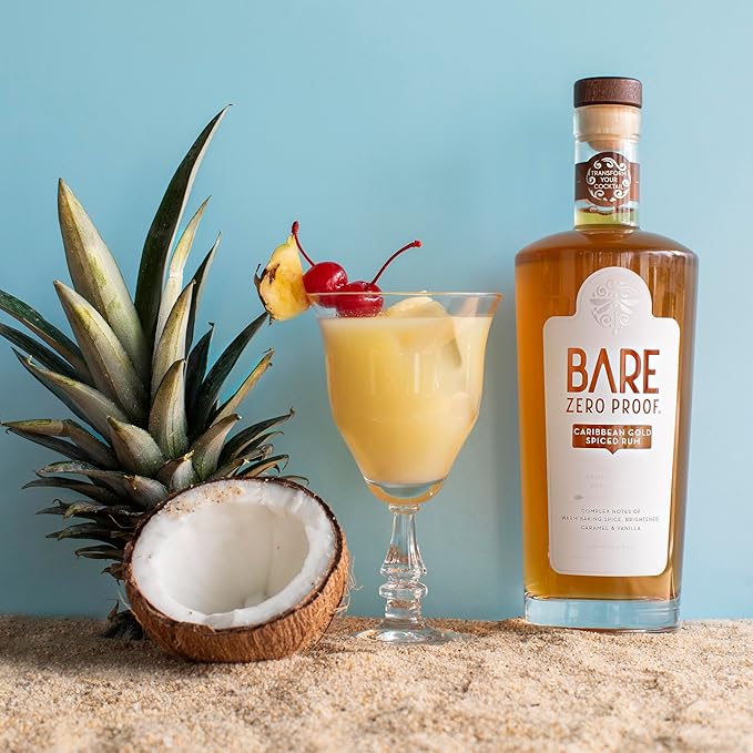 BARE Zero Proof® Caribbean Gold Spiced Rum Alternative – Non-Alcoholic Rum-Inspired Spirit for Craft Cocktails – Alcohol-Free Spiced Blend with Molasses Caramel &amp Vanilla – Low-Cal NA Beverage