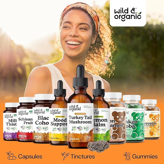 Wild &amp Organic Turkey Tail Tincture - Immune &amp Gut Support - Turkey Tail Mushroom Extract Drops - Vegan Sugar &amp Alcohol-Free Liquid Supplement - 2 fl oz