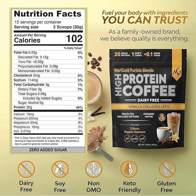 MariGold High Protein Collagen Coffee - Vanilla Collagen Latte Dairy Free 20g Grass-Fed Type I &amp III Collagen Peptides Energy Boost 2 Shots Organic Espresso Non-GMO 1 Lb Bag 15 Servings