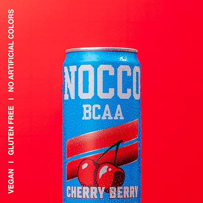 NOCCO BCAA Energy Drink Cherry Berry - 12 Fl Oz (Pack of 12) - 200mg of Caffeine Sugar Free Energy Drinks - Carbonated &amp Low Calorie BCAAs Vitamin B6 B12 &amp Biotin - Grab &amp Go Performa
