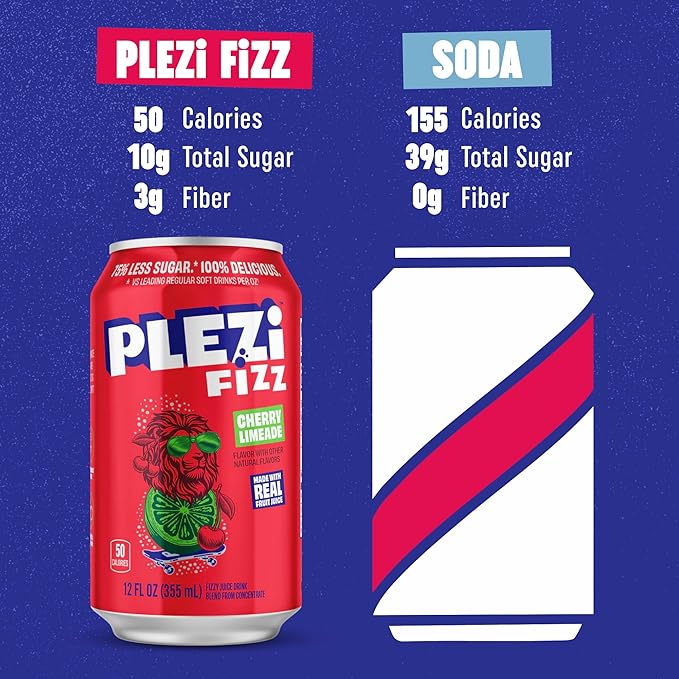 PLEZi FiZZ Cherry Limeade Sparkling Juice - Healthy Soda Alternative with Real Fruit Juice No Added Sugar - Low Sugar Sparkling Drink - Good Source of Fiber 12 Fl Oz (12 Pack)