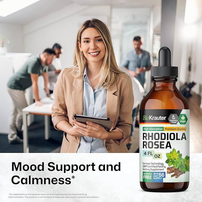 BIO KRAUTER® Rhodiola Rosea for Calm &amp Sleep Support - Vegan Rhodiola Rosea Supplement for Mood Support - Natural Calm Drops for Relaxation 4 Fl.Oz 56-Day Supply Alcohol &amp Sugar Free