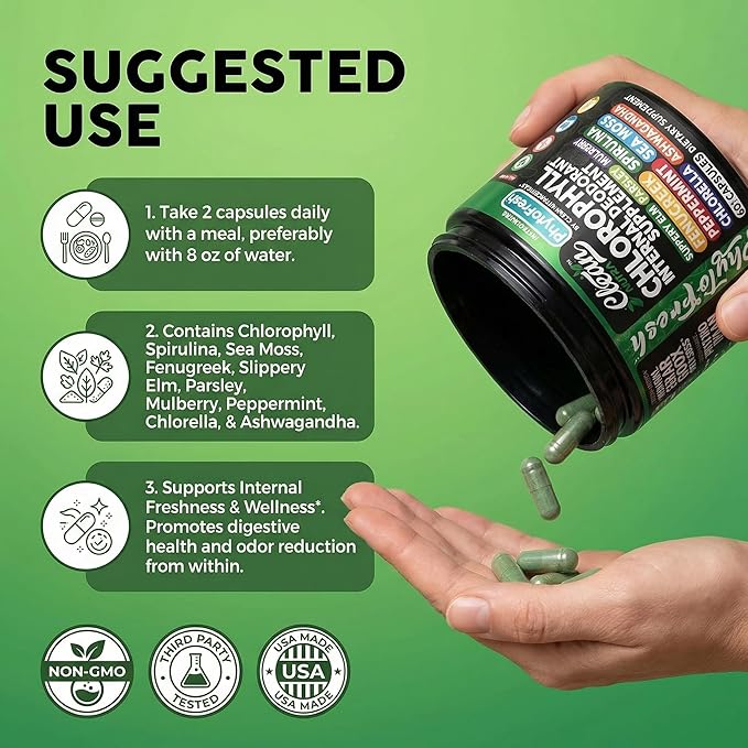 Clean Nutra Chlorophyll Capsules Supplement Internal Deodorant Peppermint Sea Moss Parsley Chlorella Spirulina Slippery Elm Ashwagandha PhytoFresh Greens Detox Pills