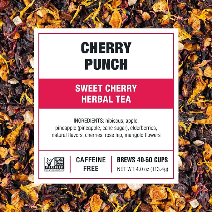 Tiesta Tea - Cherry Punch Herbal Drink and Brewbasket Infuser Bundle Sweet Cherry Herbal Tea Non-Caffeinated 4oz Refillable Tin with 5oz Reusable Stainless Steel Strainer