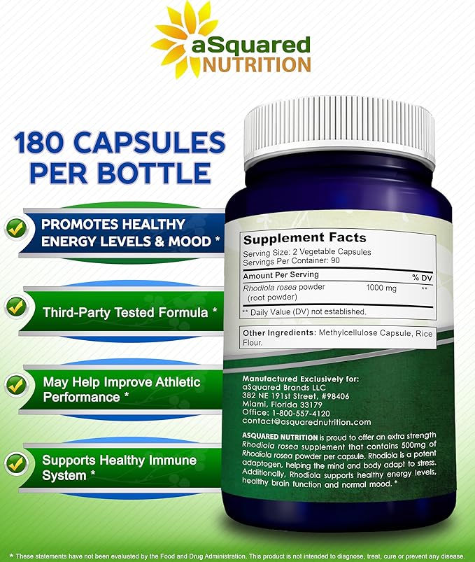 aSquared Nutrition Rhodiola Rosea Supplement 1000mg - 180 Vegan Capsules - Max Strength Rhodiola Root Extract Pills Improve Pure Energy Brain Function &amp Stress Relief -Golden Root Herb Powder Tab