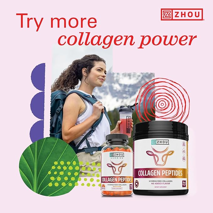 Zhou Collagen Peptides - Pure Hydrolized Collagen Powder for Women &amp Men Grass Fed Natural Bovine Collagen for Skin Hair Growth Joints &amp Bones - 18 oz Jar (46 Servings)