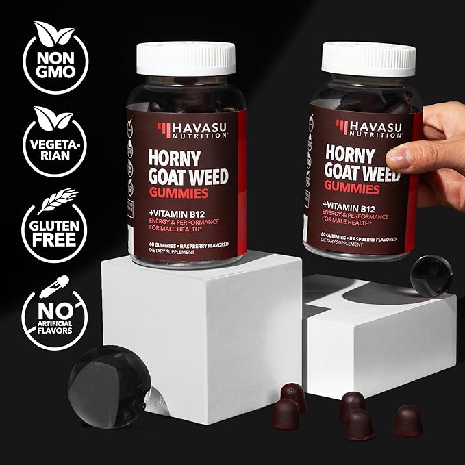 Horny Goat Weed Gummies with Vitamin B12 - Energy Endurance &amp Performance Support for Male Health - 60 Count - Vegetarian-Friendly Non-GMO Pectin-Based - Raspberry Flavor 1 Month Supply