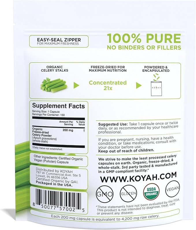 KOYAH - Organic Celery Capsules – 200 mg Freeze-Dried Whole-Stalk Powder (Equals 4200 mg Fresh) – 150 Vegan Capsules – No Binders or Fillers – USDA Organic Non-GMO Gluten-Free
