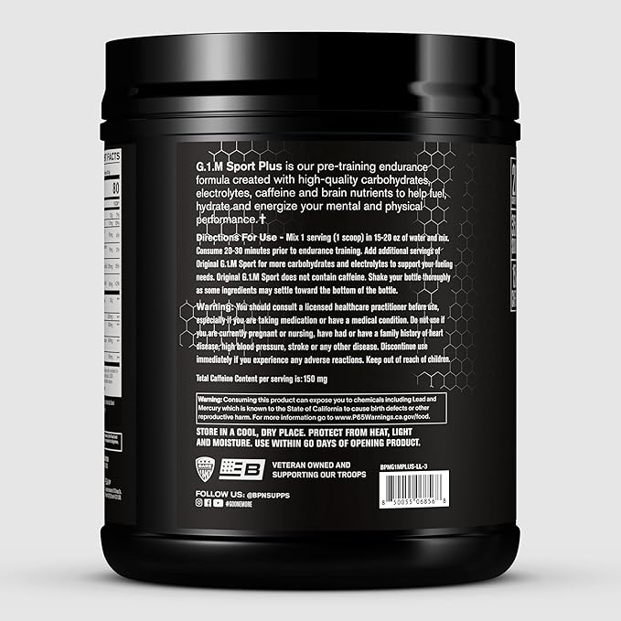 BARE PERFORMANCE NUTRITION G.1.M Sport+ Endurance Pre-Workout – Lemon Lime | 25 Servings | 20g Carbs 350mg Sodium 150mg Caffeine | Electrolytes Nootropics &amp Cluster Dextrin® for Energy &amp Fo