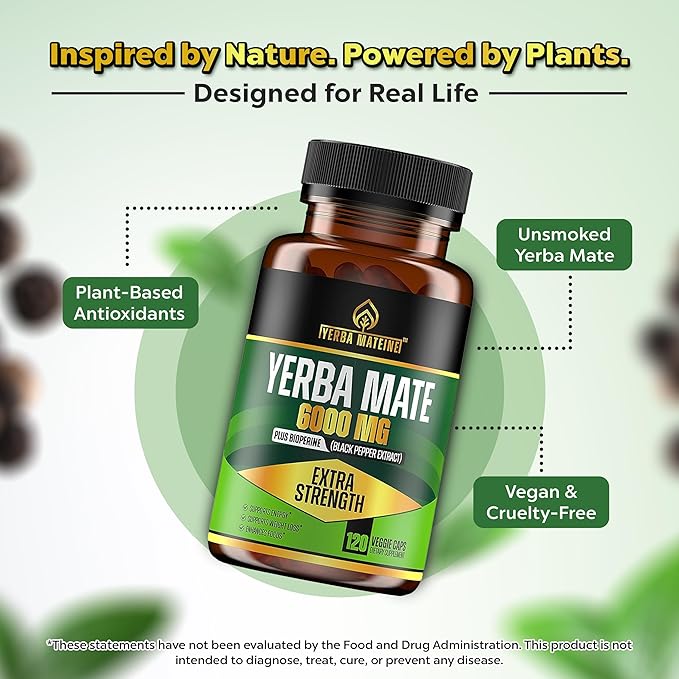 Extra Strength Yerba Mate High Potency 60mg Caffeine Per Capsule Extract Pills Supplements for Clean Natural Energy Improved Focus Concentration Nootropics Made in USA - 120 Caps