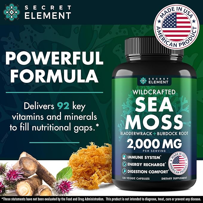 Secret Element Sea Moss Capsules with Burdock Root Bladderwrack &amp Muira Puama – Plant-Based Sea Moss Supplement with Raw Powder – 120 Capsules