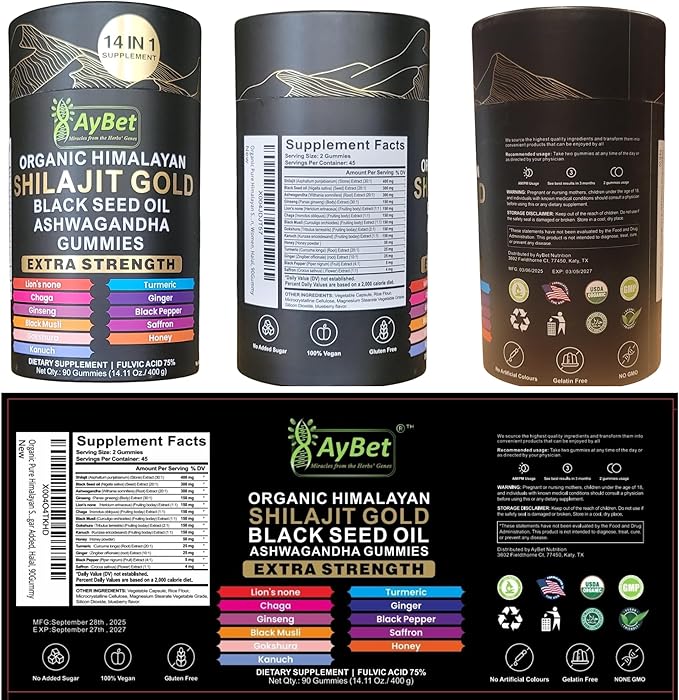 Organic Himalayan Shilajit Gold Gummies for Men and Women Black Seed Oil Ashwagandha Ginseng Turmeric Gokshura Lion's None Lab Tested%75 Fulvic Acid No Sugar Added Halal 90Gummy