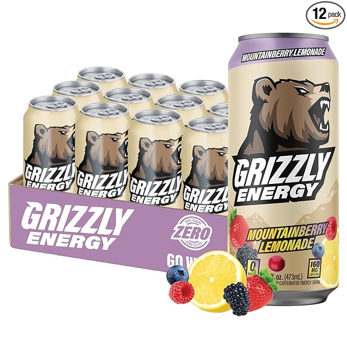 GRIZZLY Energy Drink Mountainberry Lemonade Taurine B Vitamins &amp 160mg Caffeine - Energy Focus &amp Hydration Boost - 10 Calories Zero Sugar - No Artificial Colors or Flavors - 16 fl oz (12 Pack