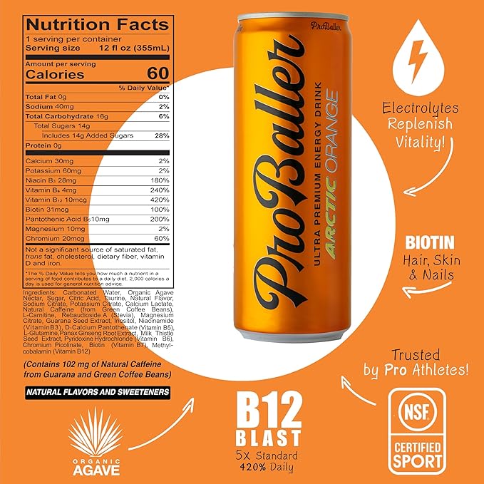ProBaller Clean Energy Drink - Athlete-Grade Energy for Focus &amp Performance Naturally Sweetened with Agave NSF Certified for Sport Natural Caffeine Biotin Electrolytes Amino Acids &amp B Vi